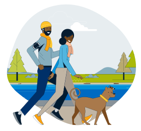 Illustration d'un couple marchant avec son chien.