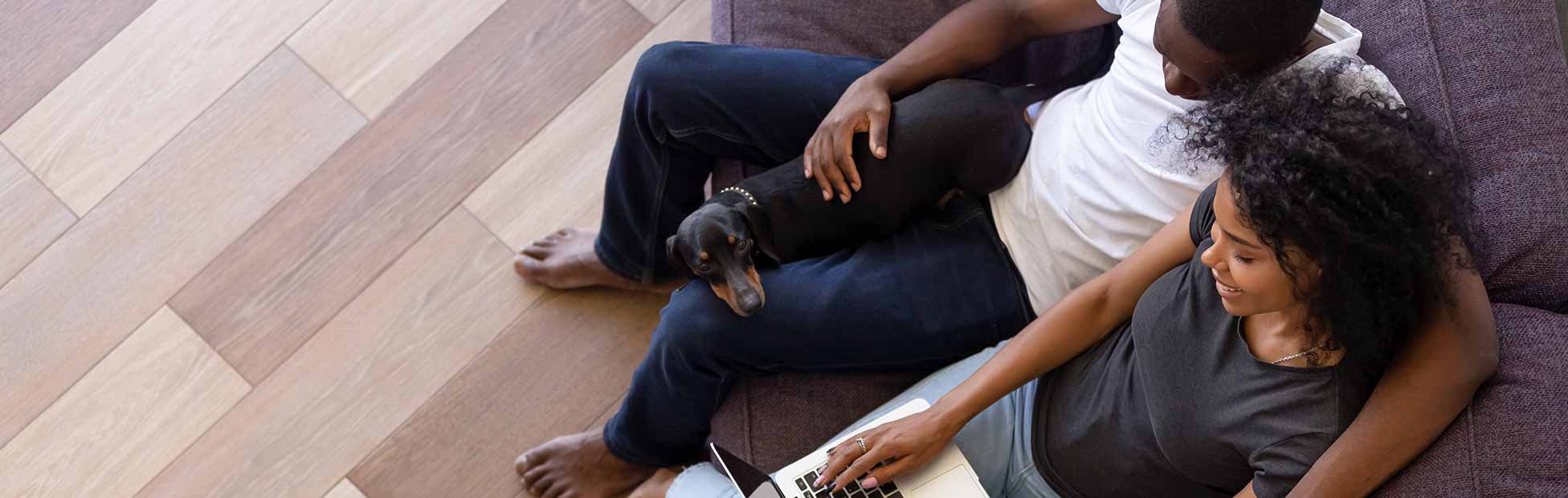 Vue de dessus des achats en ligne d'un jeune couple heureux assis sur un canapé avec un animal de compagnie