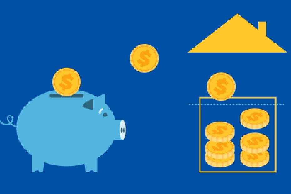 Illustration d’une tirelire et d’une maison avec pièces de monnaie.