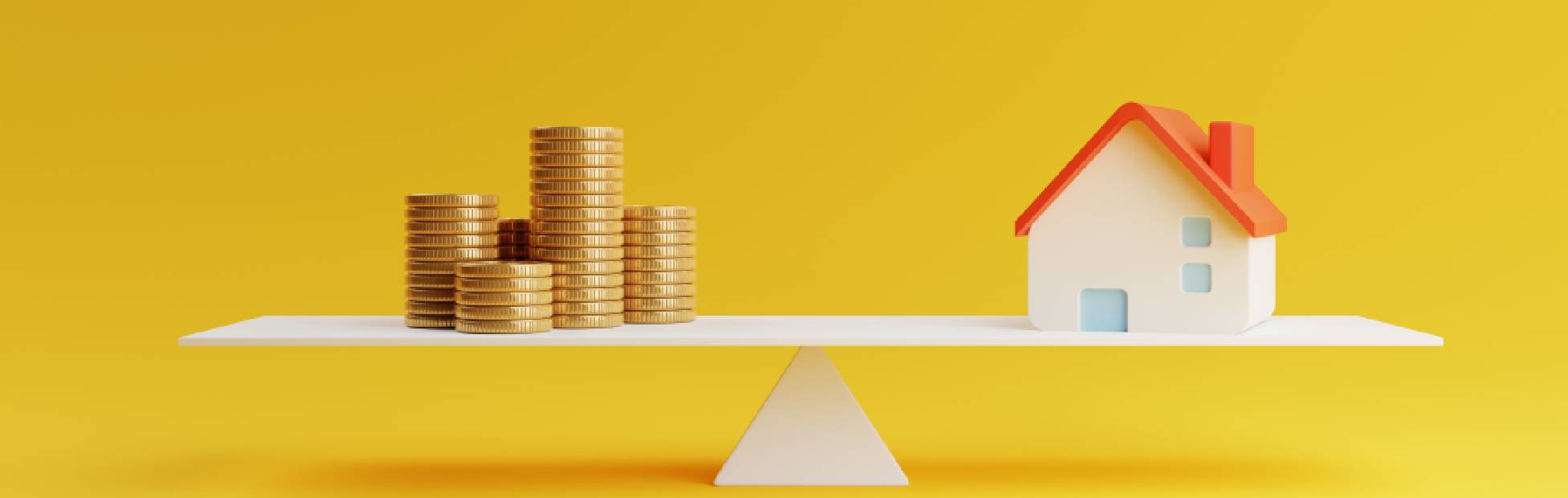 Une balançoire en bois équilibrée avec une maison modèle à droite et des tas de huards à gauche