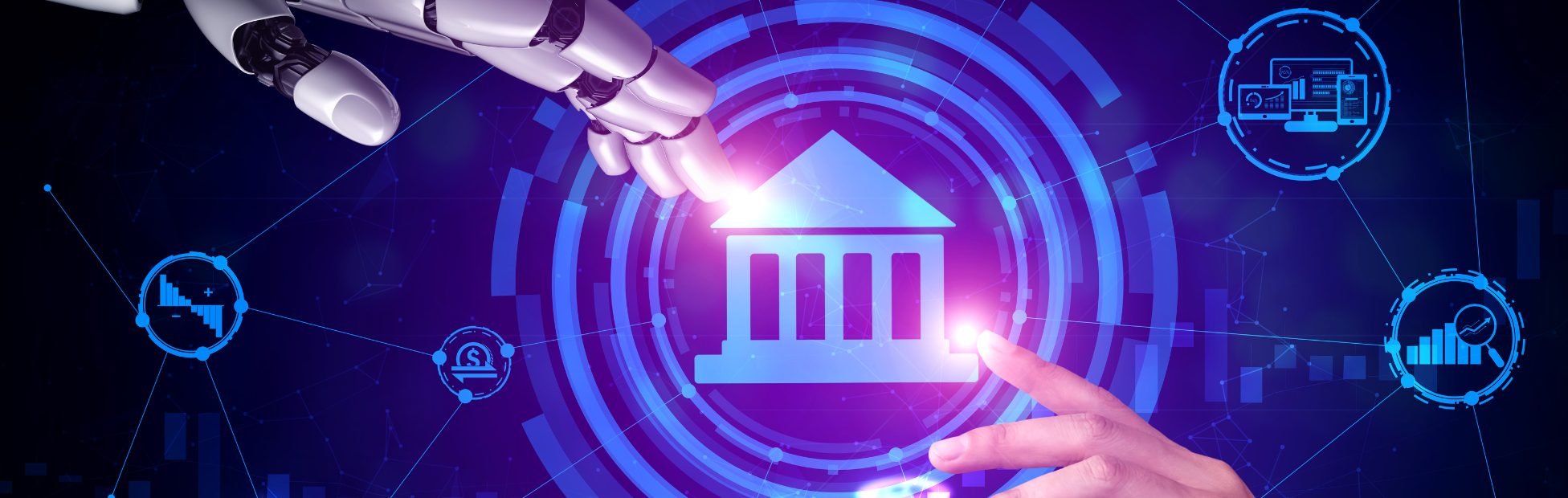 Une main de robot et une main humaine tendent vers l'icône d'une banque.