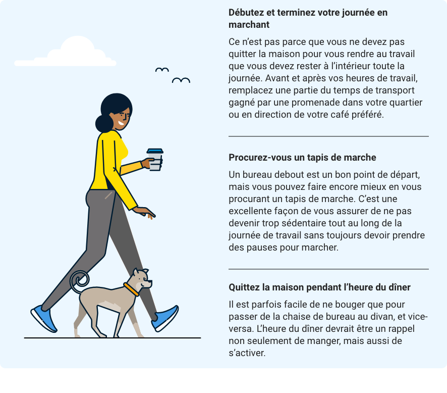 Un visuel graphique d'une femme marchant avec une tasse de café et son chien. 