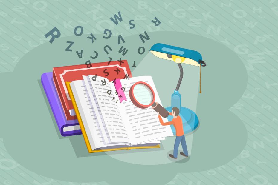 Homme regardant des mots dans un livre avec une loupe.